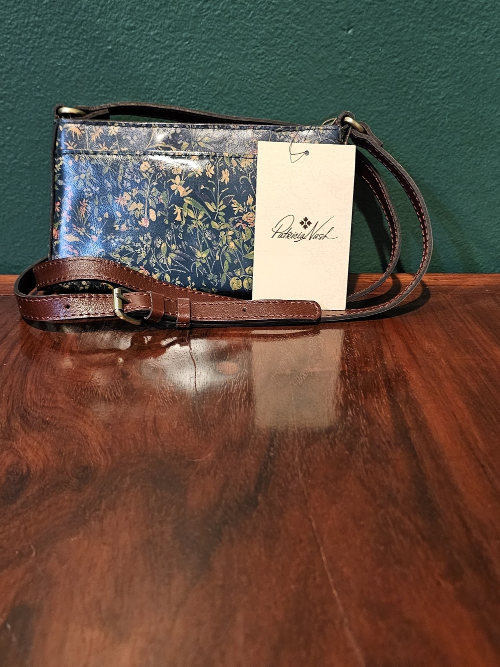 Patricia Nash Navy Floral Crossbody with Brown Leather Strap
